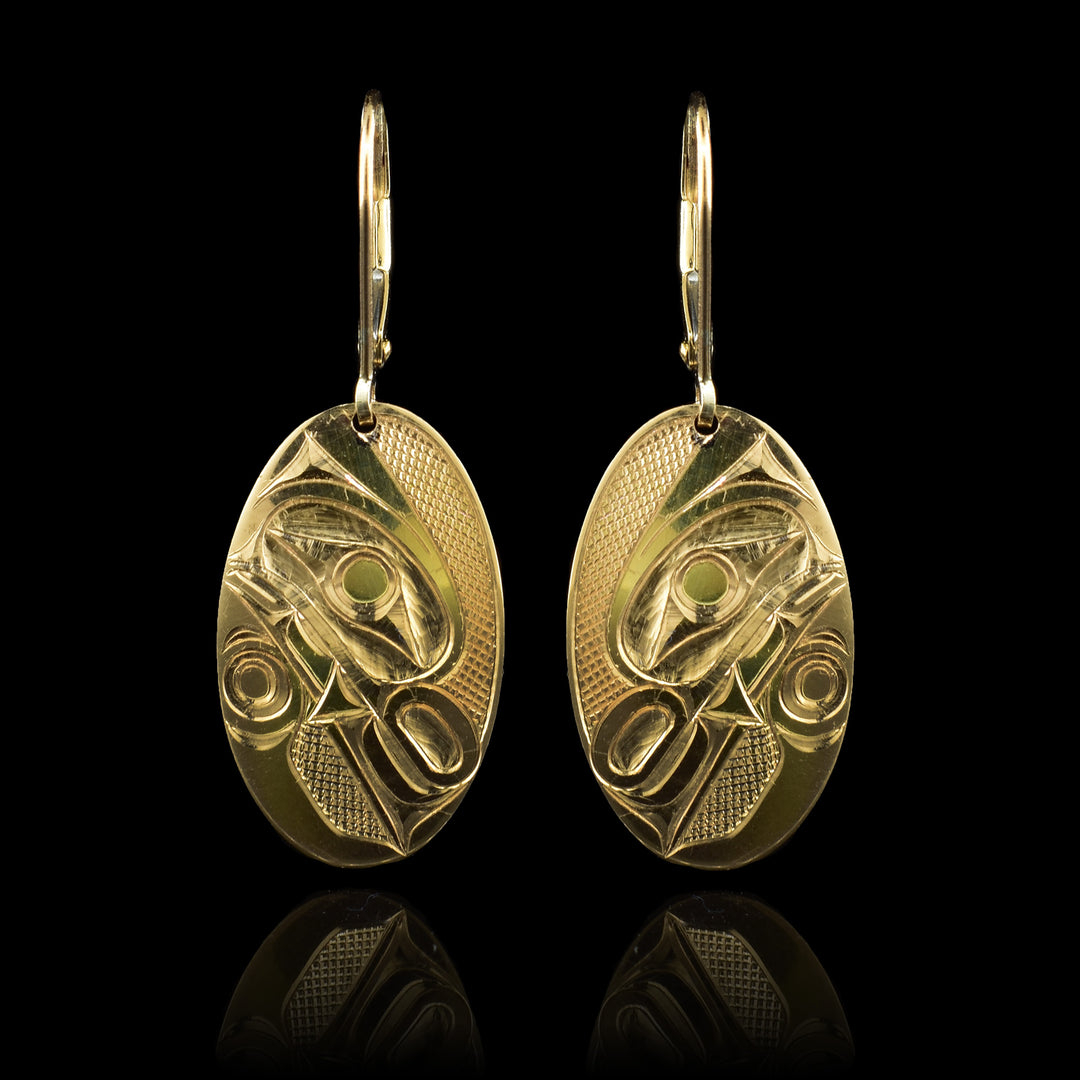 14K Gold Oval Wolf Earrings