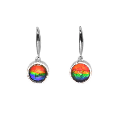 These ammolite earrings are circular in shape and are a mix of red, orange, yellow, green, blue, and purple.