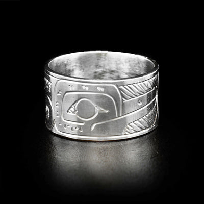 The ring is made out of sterling silver. The Hummingbird's face is carved on one side of the band. The rest of the band has the Hummingbird body carved on it.
