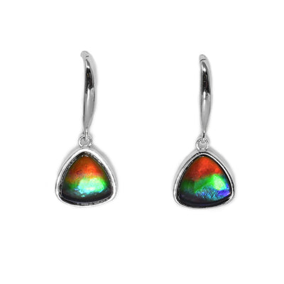 These ammolite earrings are triangle-shaped and are a mix of red, orange, green, and blue.