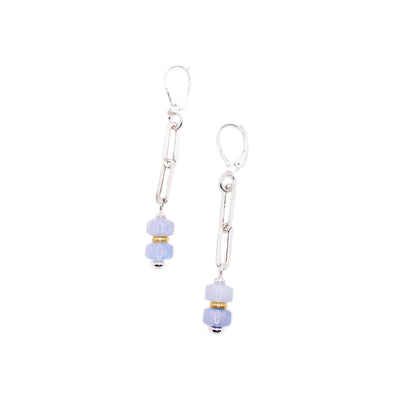 These earrings have two round aquamarine beads handing on a chunky sterling silver chain.