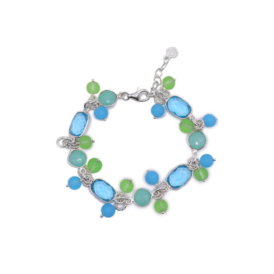This is a sterling silver chain bracelet that has green and blue glass and topaz beads.  7"  long with 1" extender.