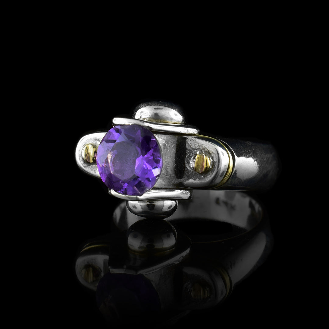 This chunky amethyst solitaire ring is made from sterling silver and has two 14K gold studs and a gold band on the signet of the ring. There are two silver half spheres holding a large amethyst gem.
