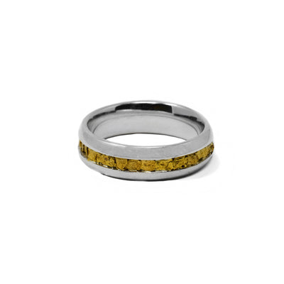 This gold nugget ring is circular in shape and has a strip of 22k yellow gold nuggets going around the ring.
