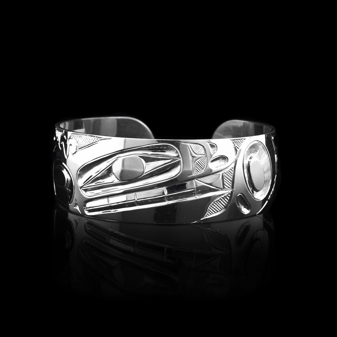 3/4" Sterling Silver Orca Cuff, The orca legend has been carved into this sterling silver cuff.