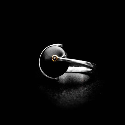 Sterling silver smooth black onyx ring with sapphire set in 14K yellow gold. Abstract design. By Ivan Dobren.