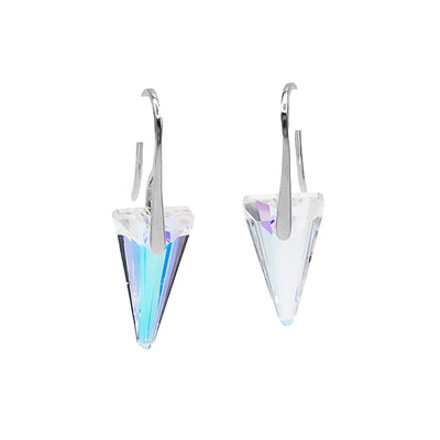 Aurora Borealis colour Swarovski crystals, in shape of downwards pointing triangles, with sterling silver hooks attached. By Debra Nelson.
