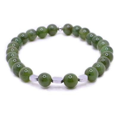 BC jade beaded bracelet with three hexagonal hematite beads separated by BC jade beads in the front. Tiny sterling silver bead in the back.