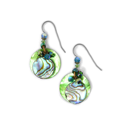 Abalone circles dangle in front of larger, green-dyed shell circles. Cluster of beads above in like colours made of Swarovski crystal and glass. Titanium ear hooks.