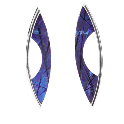 Blue Titanium Crescent Stud Earrings handmade by artist Jean-Yves Nantel.