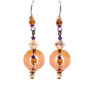 Peach and purple dangle earrings made of Austrian crystal, gold-plated Austrian crystal and glass. Titanium ear hooks. By Honica.