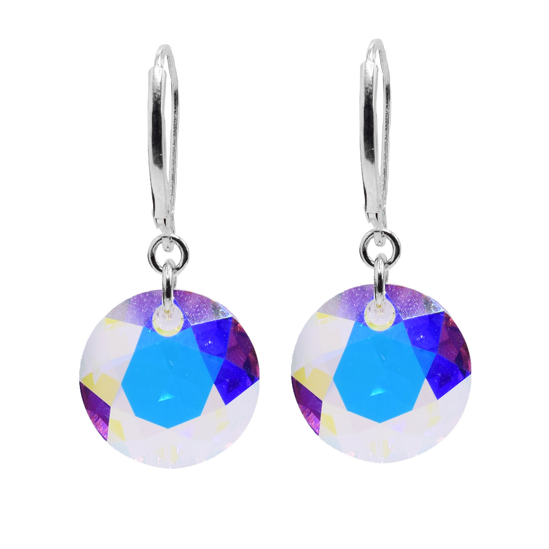 These Aurora Borealis earrings have sterling silver, lever back hooks and circle shaped, Aurora Borealis Swarovski crystal hangs that dangle from silver links.