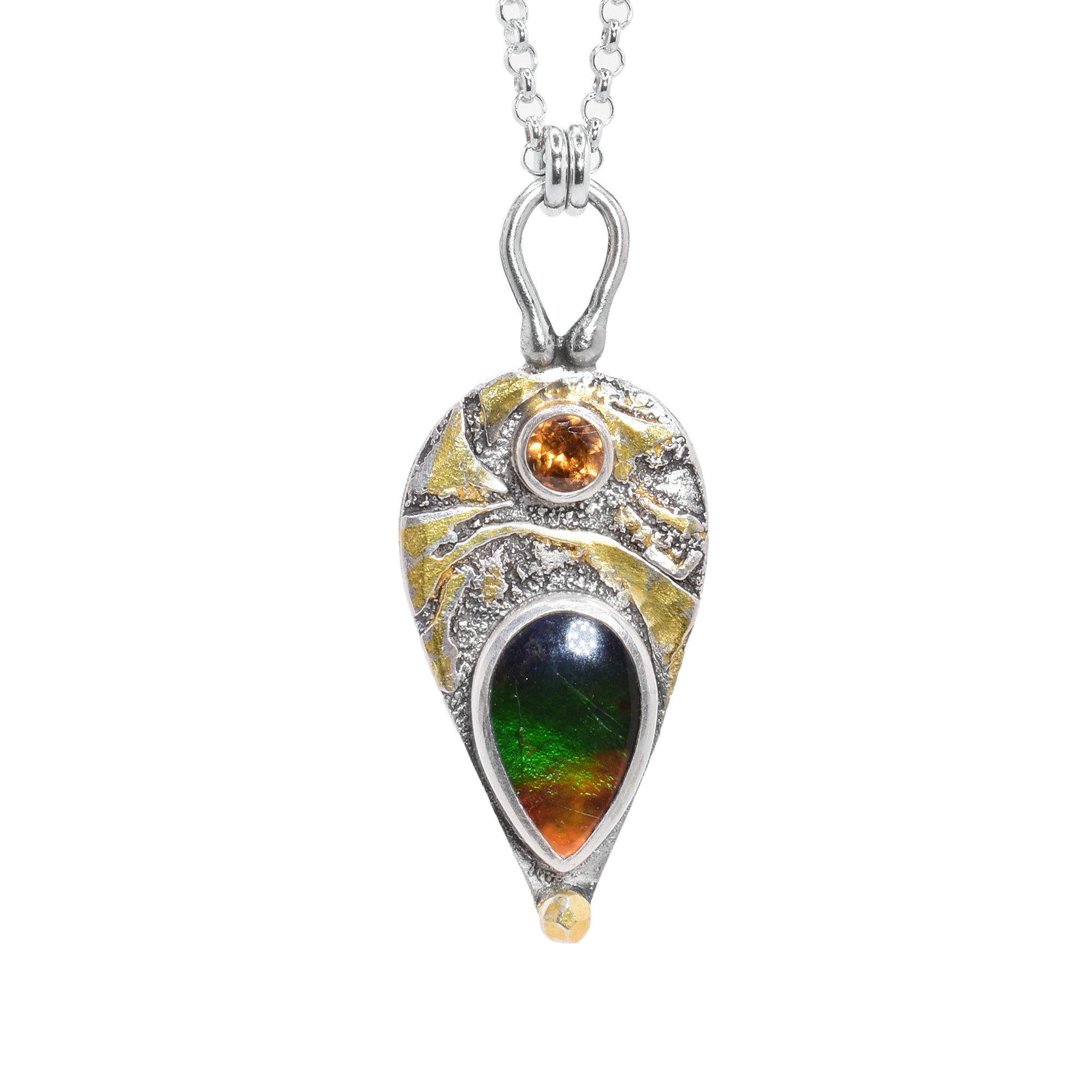 Silver Gold Teardrop Necklace with Ammolite Hessonite and Garnet Artina s Jewellery