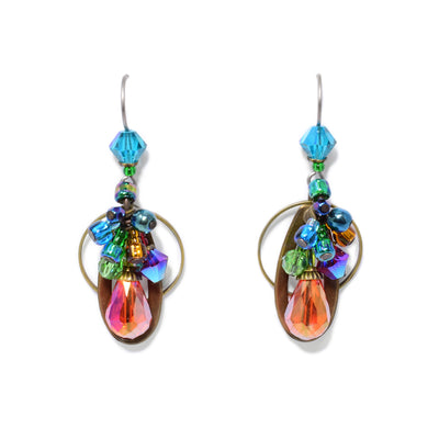 Colourful drop earrings made of Swarovski crystal, hand worked brass and glass. Titanium ear hooks. By Honica.
