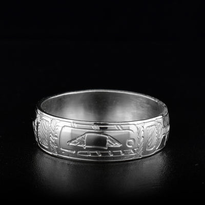 The ring is made out of sterling silver. The Orca's face is carved on one side of the band. The rest of the band has the Orca's body carved on it.