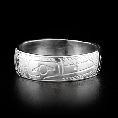 This sterling silver ring has the face of the Hummingbird engraved on it. The face is facing to the right, and the body of the Hummingbird is engraved on the rest of the band.