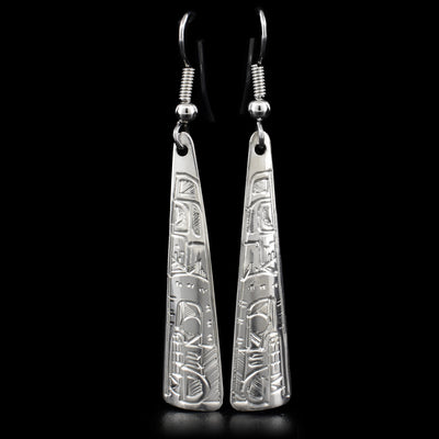 These earrings are made out of sterling silver with the face of the Wolf carved in the bottom, facing downward. 