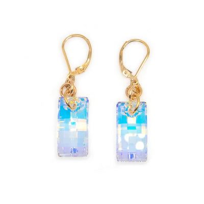 14K gold-fill lever-back earrings featuring two rectangular Aurora Borealis Swarovski crystals.
