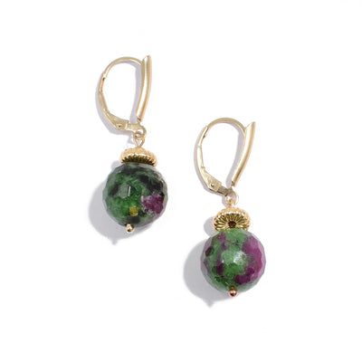 Gold-fill lever-back dangle earrings featuring ruby in zoisite.