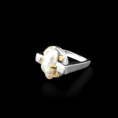 14K gold and sterling silver white baroque pearl square ring by Ivan Dobren.