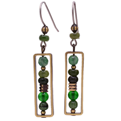 Dangle earrings made of aventurine, BC jade and handworked brass. Titanium ear hooks. By Honica.