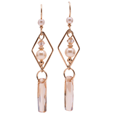 12K gold-fill dangle drop earrings made with Austrian crystal and rolled gold beads. By Honica.