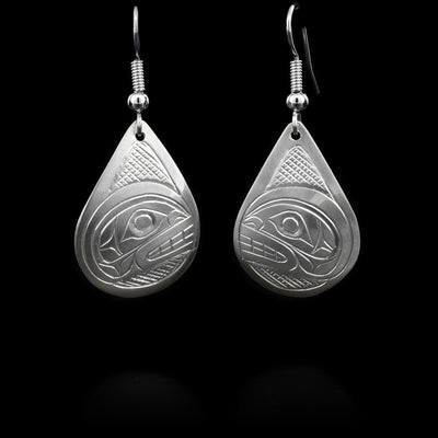 Sterling silver teardrop dangle earrings featuring orca heads with cross-hatching backgrounds. By Kwakwaka'wakw artist Don Lancaster.