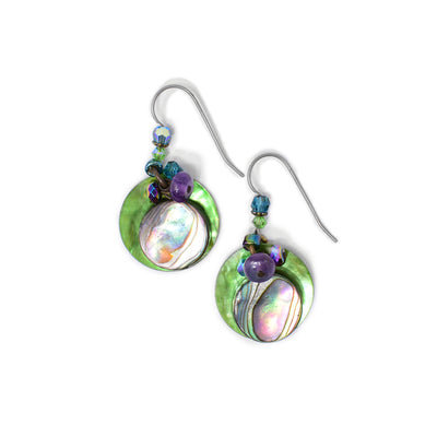 Abalone circles dangle in front of larger, green-dyed shell circles. Cluster of beads above in like colours made of Swarovski crystal, glass and amethyst. Titanium ear hooks.