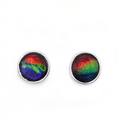 Sterling silver studs. Each earring has a small, round, ammolite stone in it. The ammolite stones are red on top, green in the middle, and blue in the bottom.