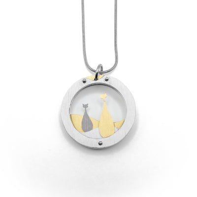 Brushed and anodized aluminum round cats open pendant necklace by JR Franco. Minimalist design.