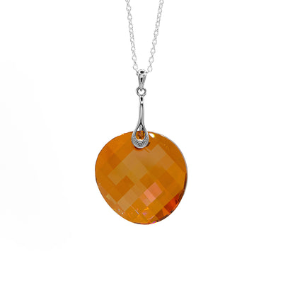 Round, curved orange Swarovski crystal pendant. Long, skinny bail has textured design and teardrop cut-out at bottom. Chain included. All metal is sterling silver.
