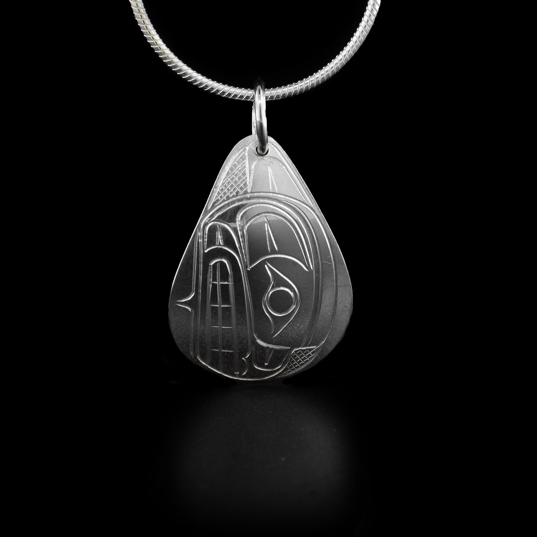 Sterling silver curved teardrop pendant featuring bear.