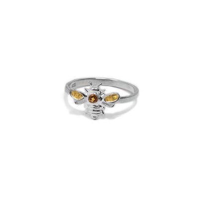 Sterling silver ring with silver bee on front with 22K gold nuggets on upper wings and a yellow-orange citrine on its back.