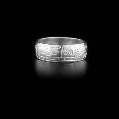 Sterling silver ring depicting a bear with a 0.25” wide band.