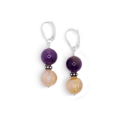 Rutilated quartz and amethyst bead earrings with sterling silver on lever-back hooks.