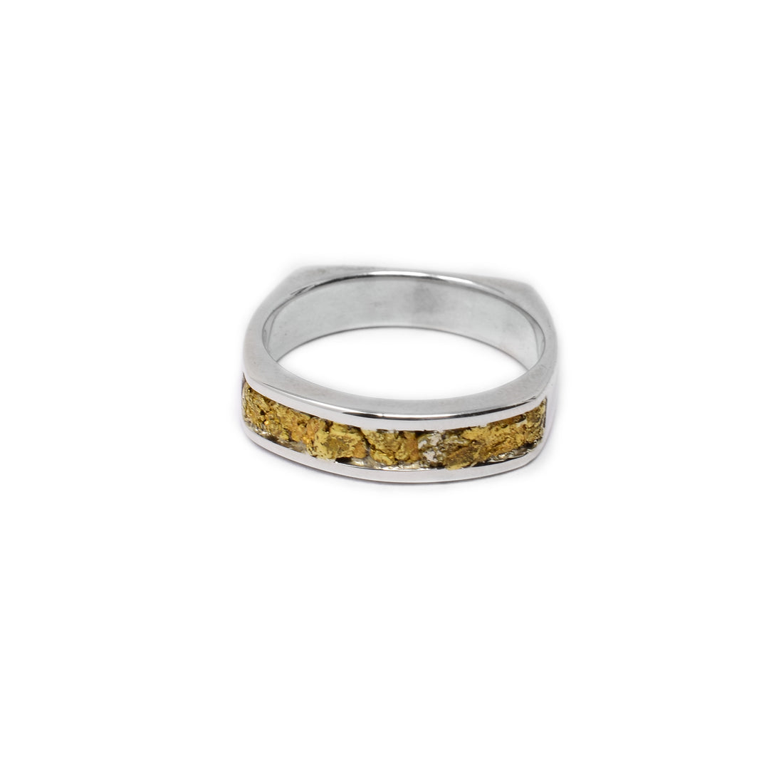 22K gold nuggets set in thin sterling silver ring. Square shape.