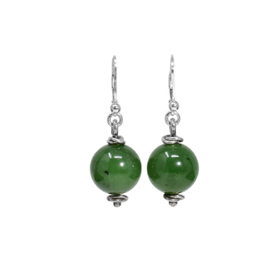 Lever-back earrings with round BC jade balls. Each earring measures 1.5” x 0.5” including hook.