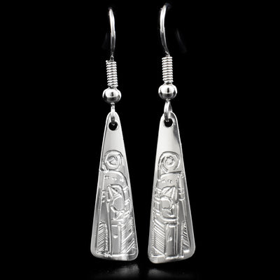 These dangle earrings are carved out of sterling silver. The tringular earrings have a face of the Hummingbird carved on the bottom, looking downward.