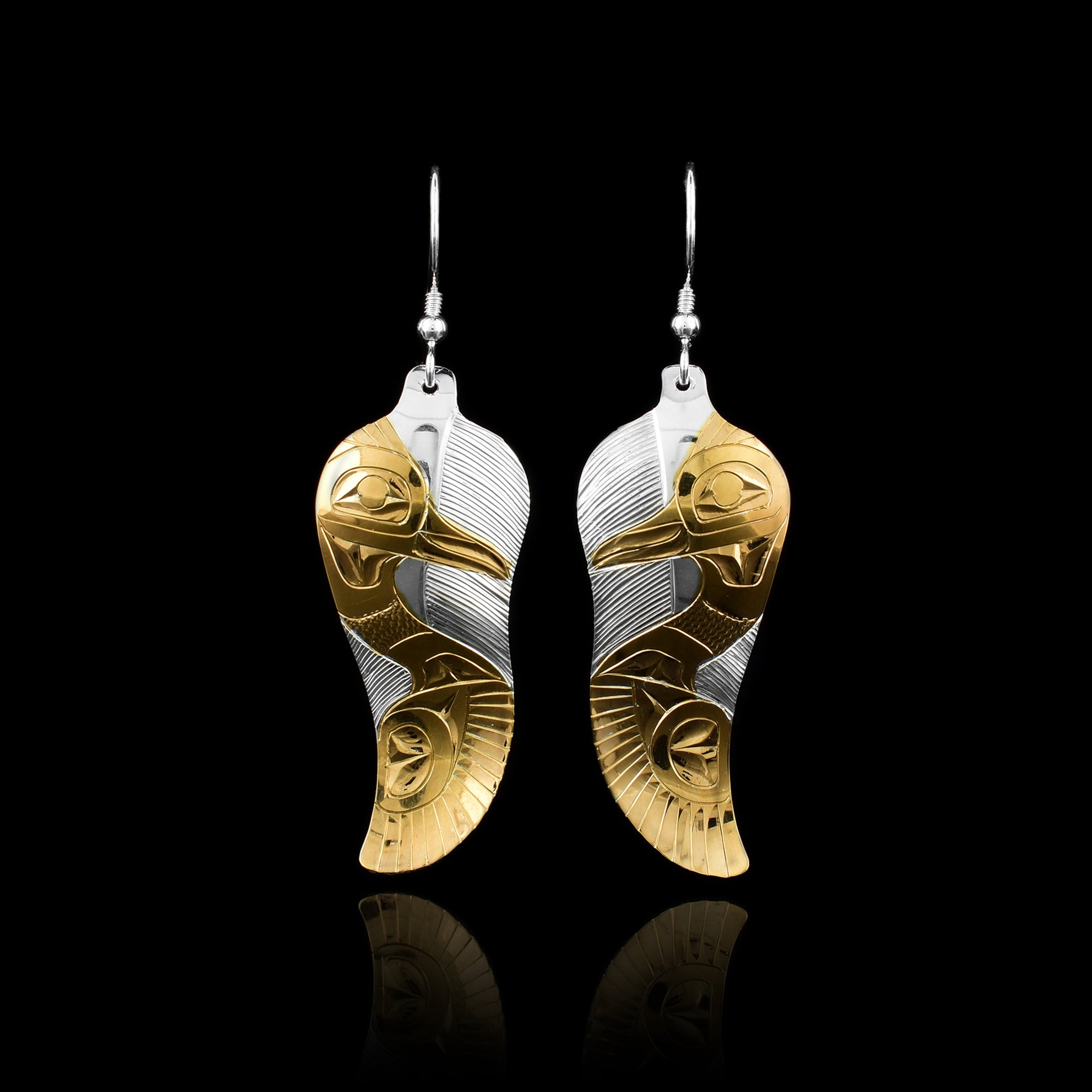 Sterling Silver Gold Plated Heron in Feather Earrings