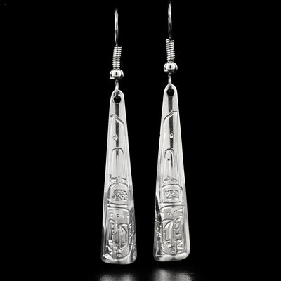 These dangle earrings are carved out of sterling silver. The tringular earrings have a face of the Orca carved on the bottom, looking downward.