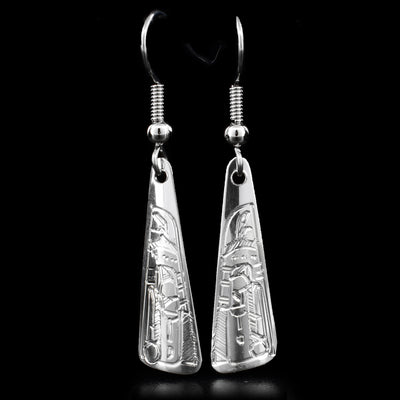 These earrings are shaped like long triangles and have a face of the Raven carved on them. The Raven is in the bottom of the earring and is facing downwards.They are made out of sterling silver.