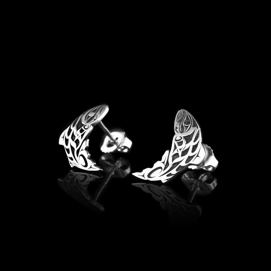 Sterling Silver Salmon Stud Earrings. Crafted in the shape of salmon and carved with details of the salmon.