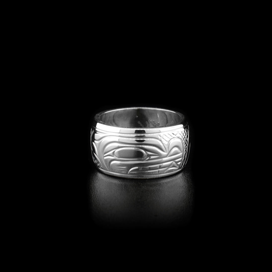 Front of ring. Side view of wolf’s face. Background is cross-hatching.