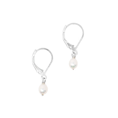 Delicate lever-back earrings featuring vertical oval freshwater pearls. Each earring measures 1" x 0.2" including hook.
