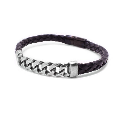 Thick, zinc alloy chain adornment makes up front. Dark maroon braided leather bracelet. Connects at back with a magnetic steel clasp of the same colour.