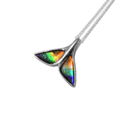 Sterling silver whale tail pendant. Both fins have AA-grade ammolite in them.
