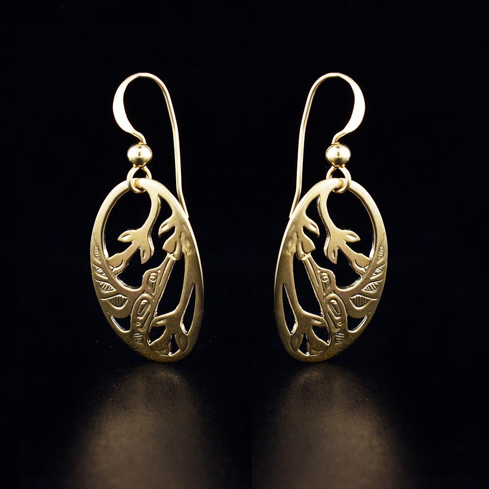 14K Gold Oval Cut Out Hummingbird Earrings