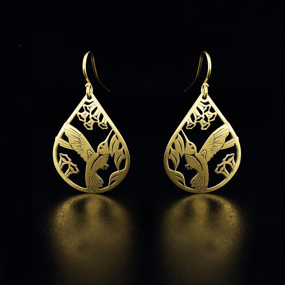 14K Gold Hummingbird Teardrop Earrings