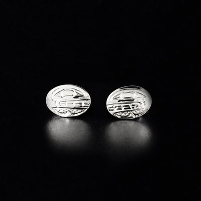 14K white gold oval orca studs hand-carved