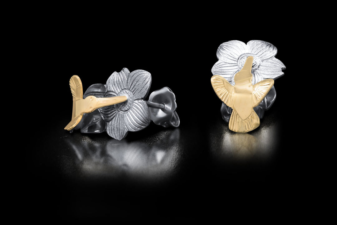 Mini Sterling Silver and 14K Gold Hummingbird Wild Rose Post Earrings